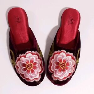 Soft Surroundings Embroidered Maroon Velvet Slides Women's 9
